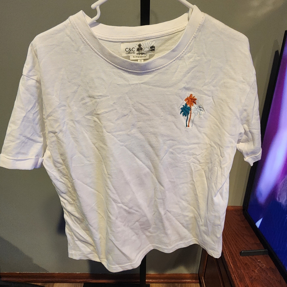 C&C California White Short Sleeve Tee with Orange‎ & Teal Palm Embroidery